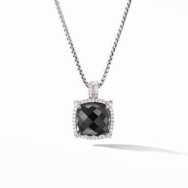 Chatelaine® Pavé Bezel Pendant Necklace in Sterling Silver with Black Onyx and Diamonds