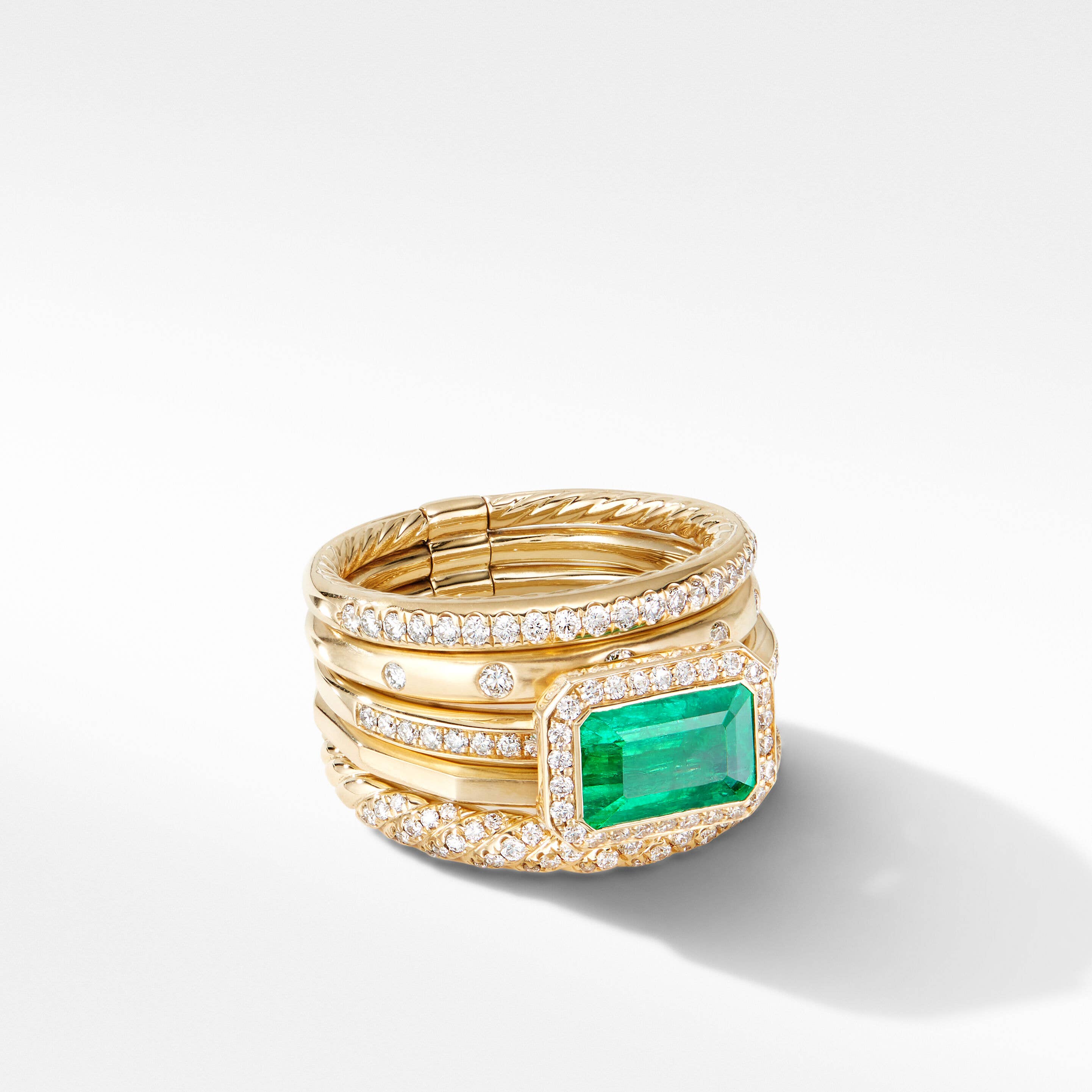 Stax Five Row Ring in 18K Yellow Gold with Emerald and Pavé Diamonds