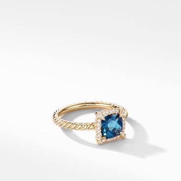 Petite Chatelaine® Pavé Bezel Ring in 18K Yellow Gold with Hampton Blue Topaz and Diamonds