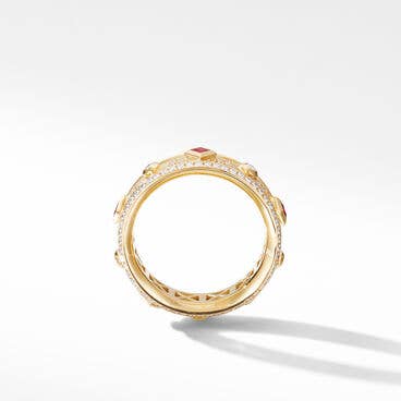 Modern Renaissance Band Ring in 18K Yellow Gold with Full Pavé Diamonds and Rubies