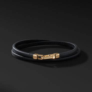 Streamline® Double Wrap Black Leather Bracelet with 18K Yellow Gold