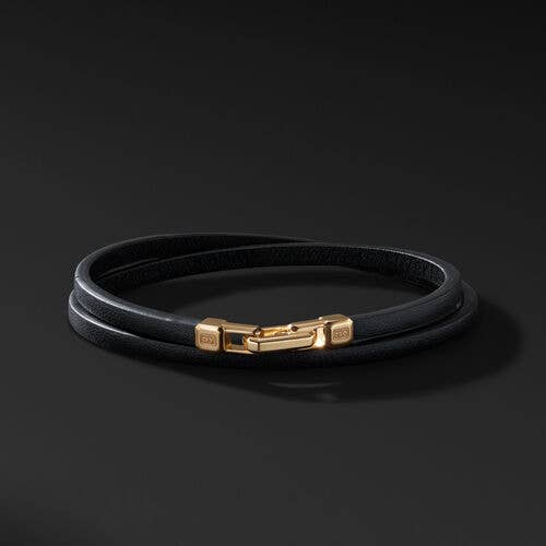 Streamline Double Wrap Leather Bracelet with 18K Yellow Gold, 4mm