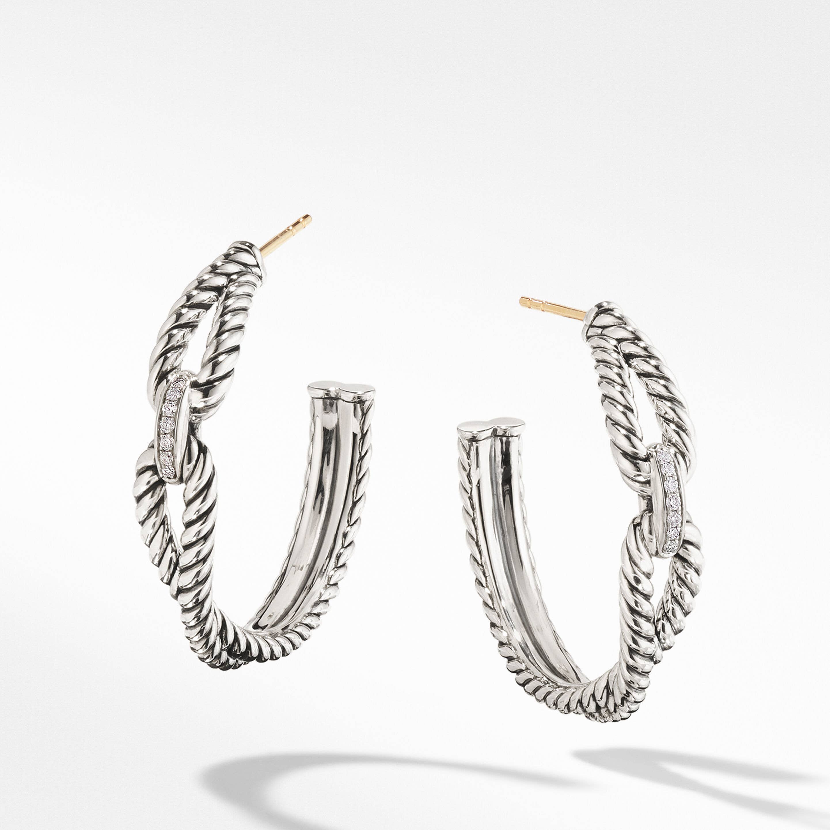 Cable Loop Hoop Earrings in Sterling Silver with Pavé Diamonds