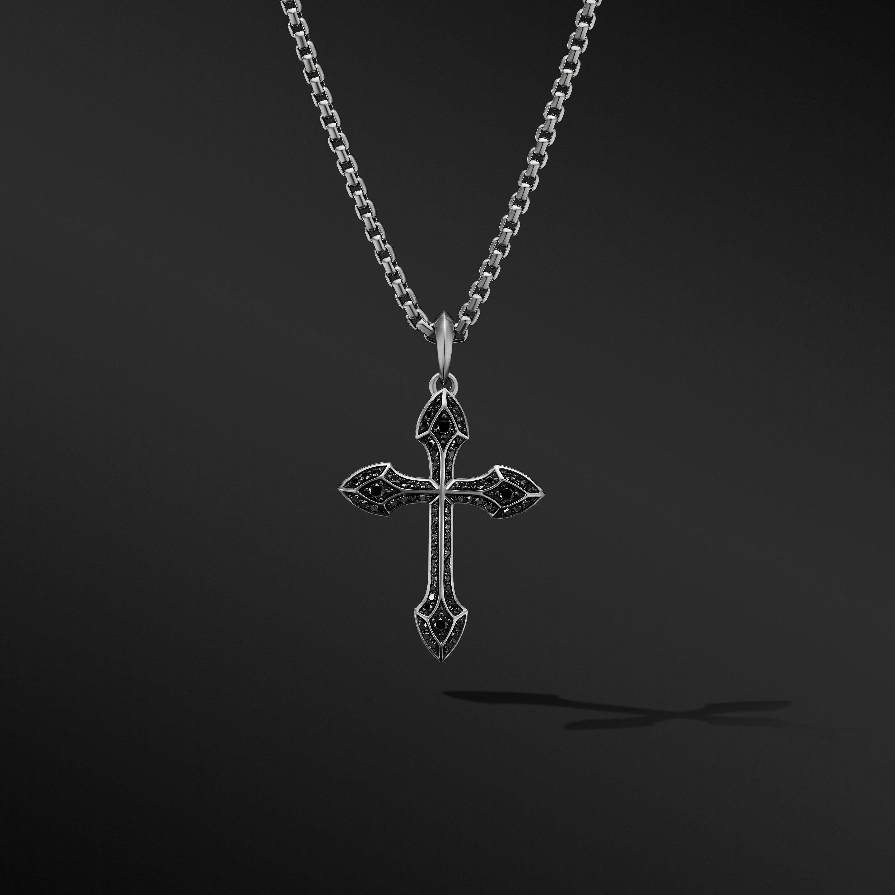Gothic Cross Amulet in 18K White Gold with Pavé Black Diamonds