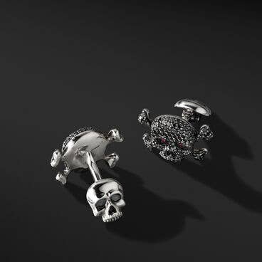 Memento Mori Skull Cufflinks in Sterling Silver with Pavé Black Diamonds and Rubies