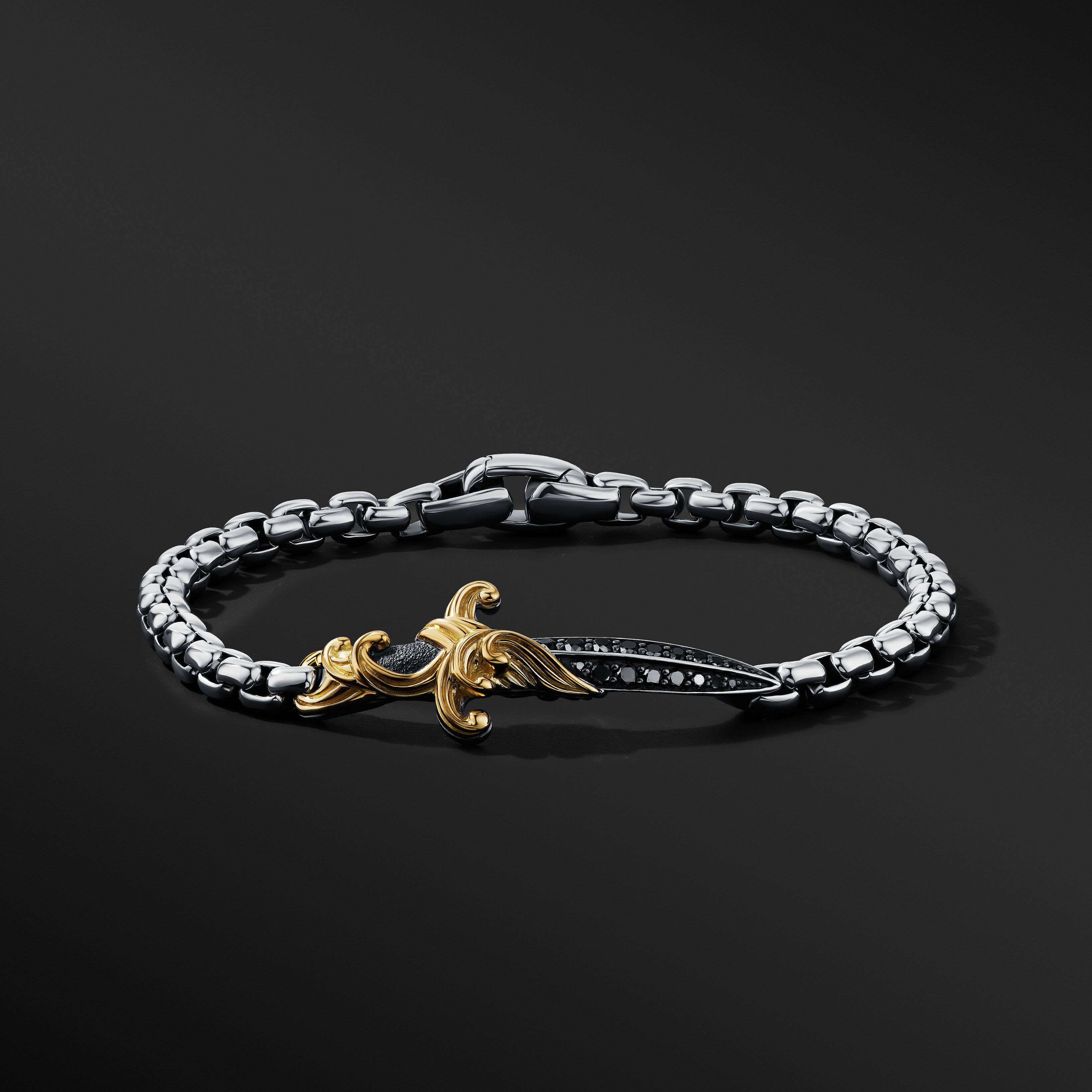 Waves Dagger Bracelet in Sterling Silver with 18K Yellow Gold and Pavé Black Diamonds