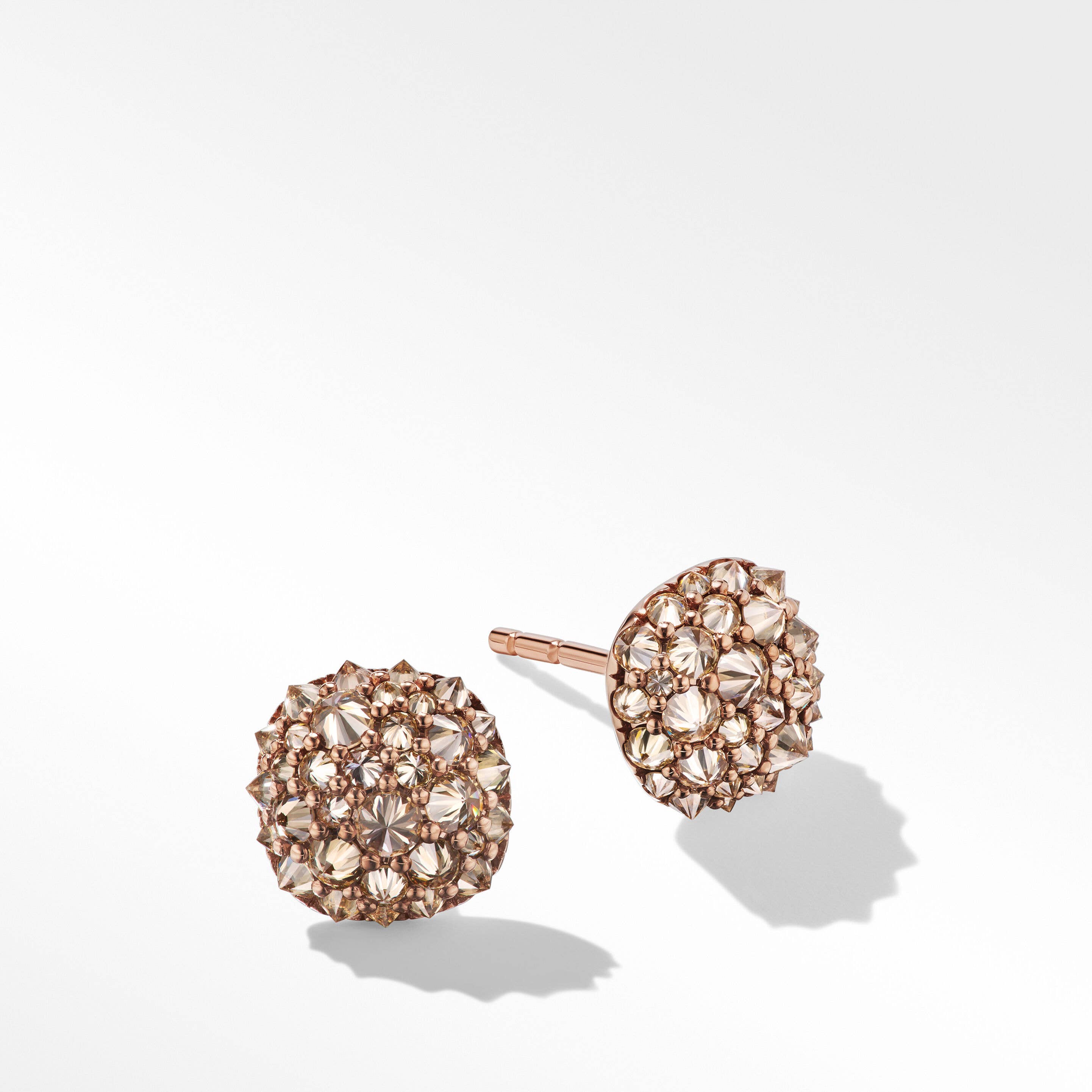 Reverse Set Cushion Stud Earrings in 18K Rose Gold with Pavé Cognac Diamonds