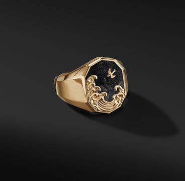 Waves Signet Ring in 18K Yellow Gold with Forged Carbon
