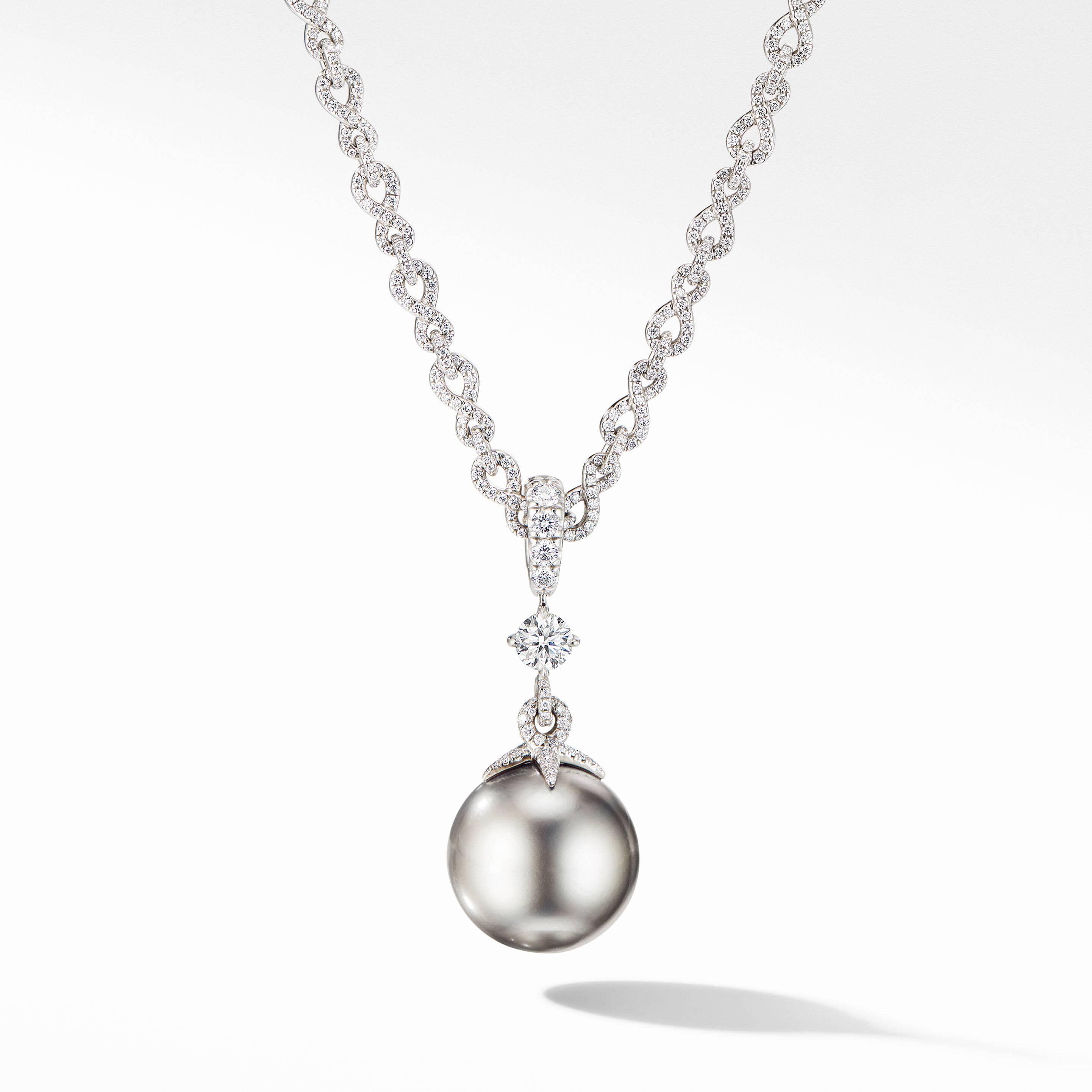 DY Lumina Pearl Pavé Twist Drop Necklace in White Gold