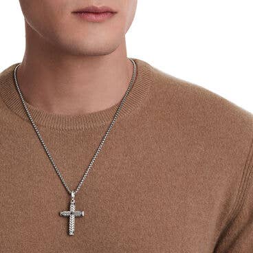 Chevron Sculpted Cross Pendant in Sterling Silver with Pavé Black Diamonds