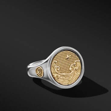 Water and Fire Duality Signet Ring in Sterling Silver with 18K Yellow Gold