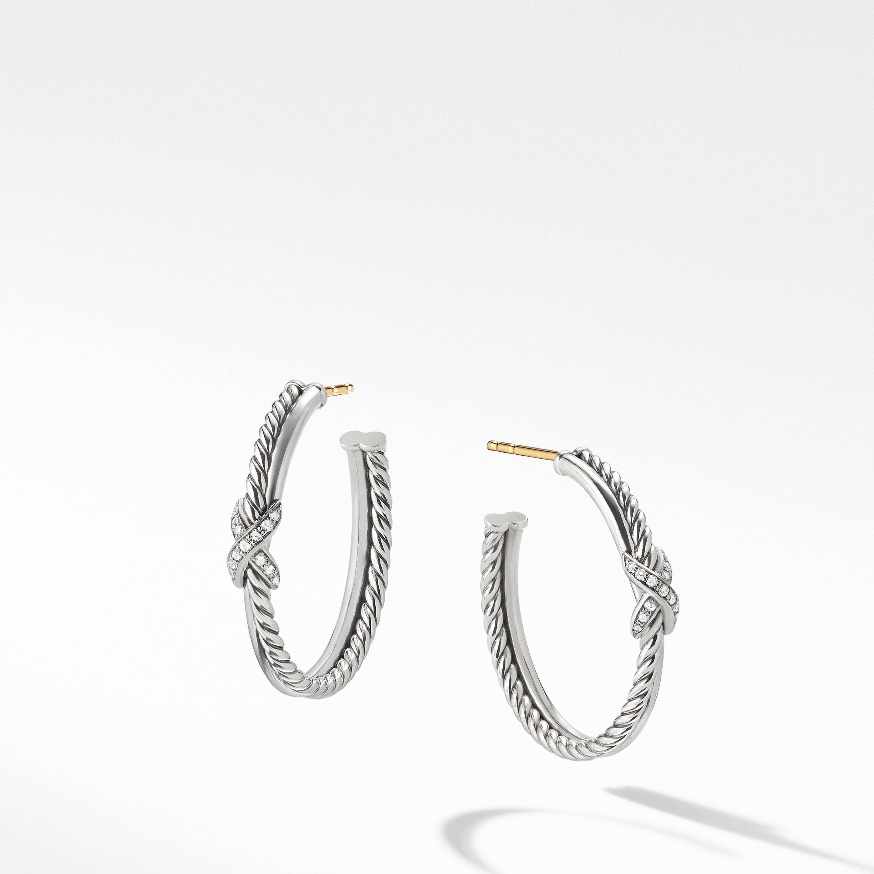 Petite X Hoop Earrings in Sterling Silver with Pavé Diamonds