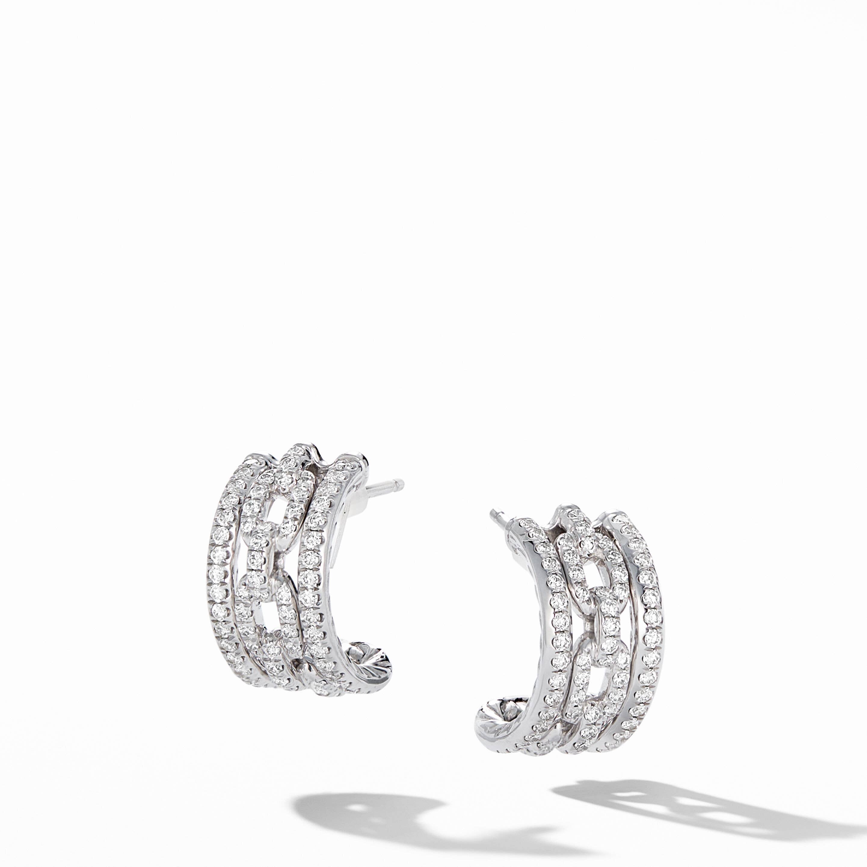 Stax Chain Link Huggie Hoop Earrings in 18K White Gold with Pavé Diamonds