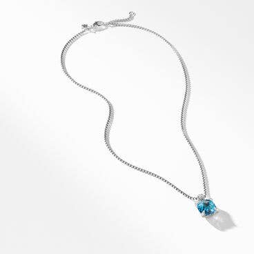 Chatelaine® Pendant Necklace in Sterling Silver with Blue Topaz and Pavé Diamonds