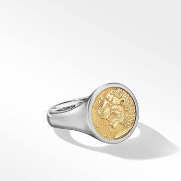 Petrvs Lion Pinky Ring in Sterling Silver with 18K Yellow Gold, 15mm
