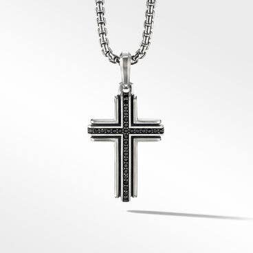 Deco Cross Pendant in Sterling Silver with Pavé Black Diamonds