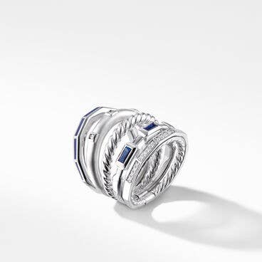 Stax Five Row Ring in 18K White Gold with Sapphires, Blue Enamel and Pavé Diamonds