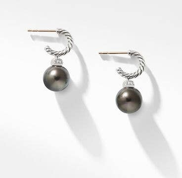 Solari Hoop Drop Earrings with Tahitian Grey Pearls and Pavé Diamonds