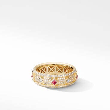 Modern Renaissance Band Ring in 18K Yellow Gold with Full Pavé Diamonds and Rubies