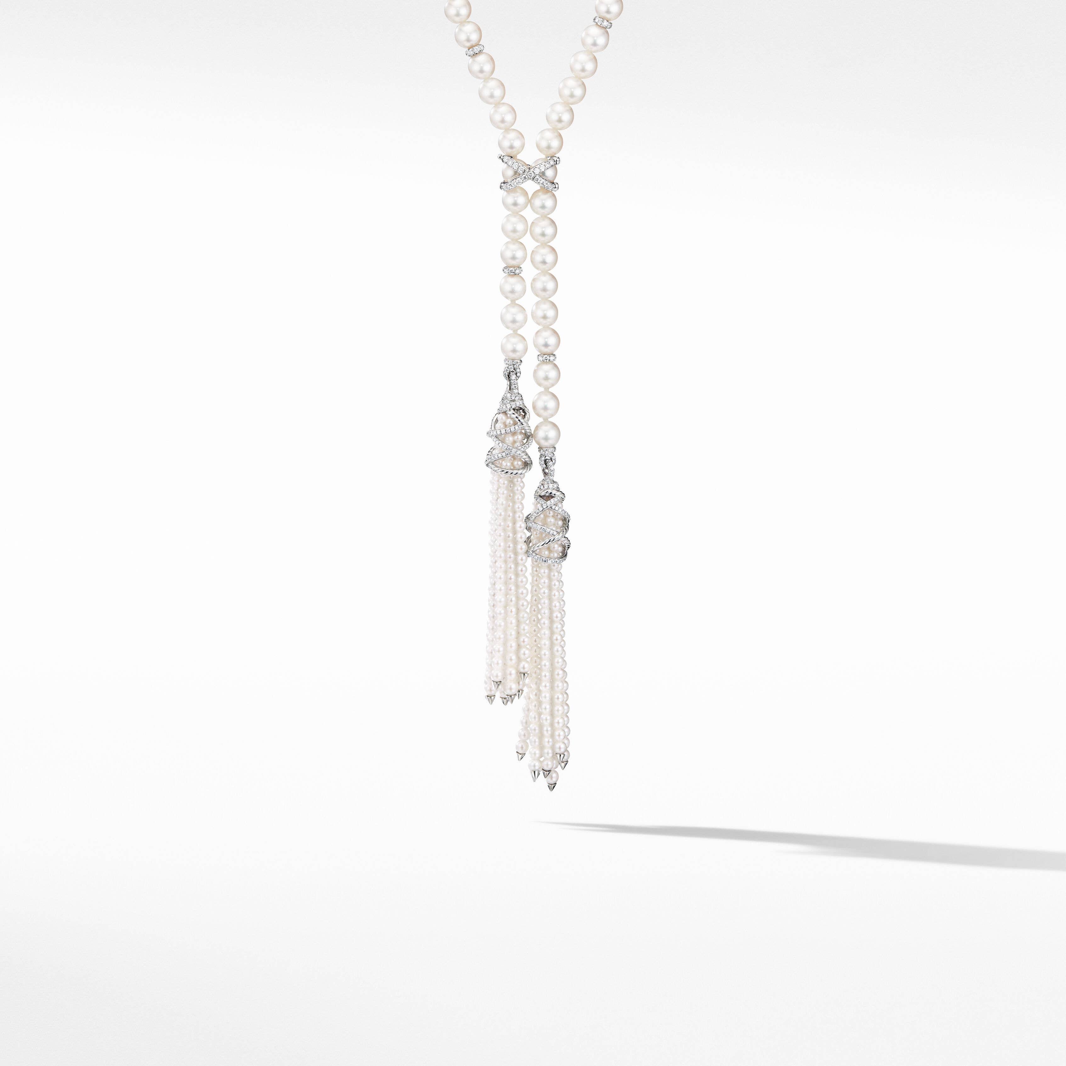 Helena Tassel Necklace with Pearls, Pavé Diamonds and 18K White Gold