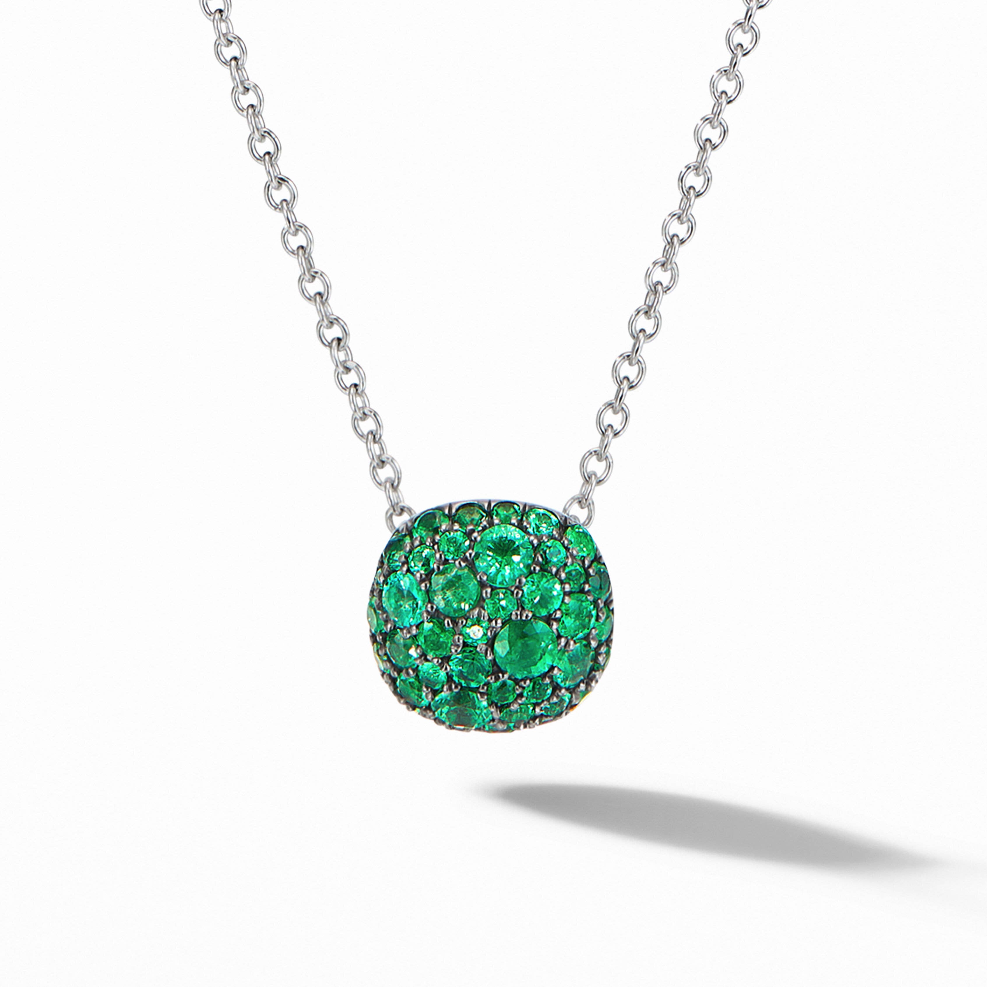 Cushion Stud Pendant Necklace in 18K White Gold with Pavé Emeralds