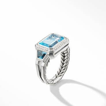 Novella Three Stone Ring with Blue Topaz, Hampton Blue Topaz and Pavé Diamonds