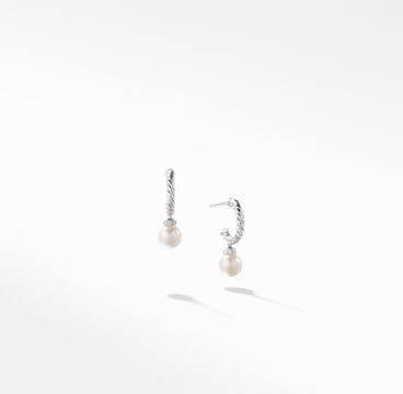 Petite Solari Hoop Drop Earrings in 18K White Gold with Pearls and Pavé Diamonds