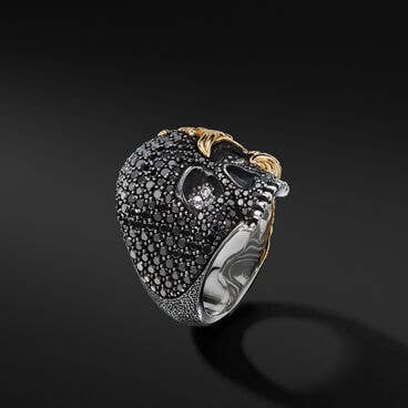 Waves Skull Ring with Pavé Black Diamonds, Diamonds and 18K Yellow Gold