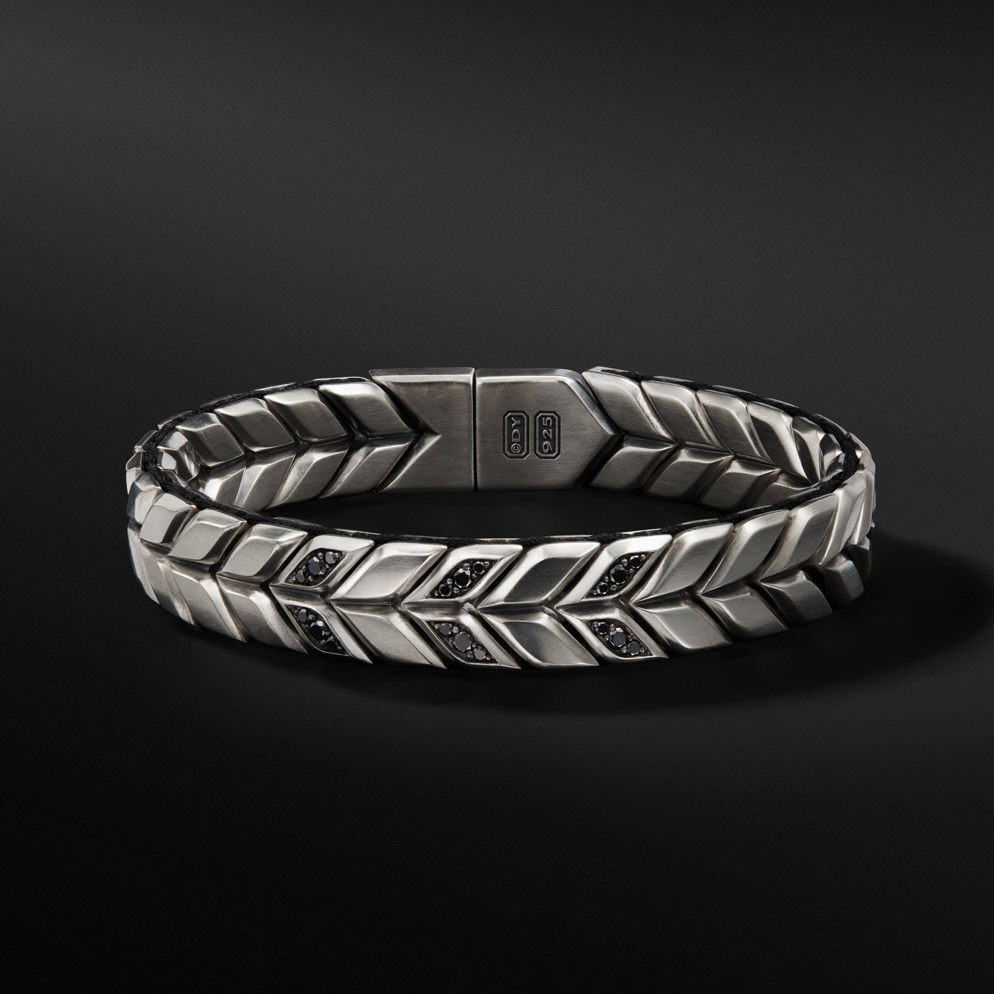 Chevron Woven Bracelet in Sterling Silver with Pavé Black Diamonds and Black Nylon
