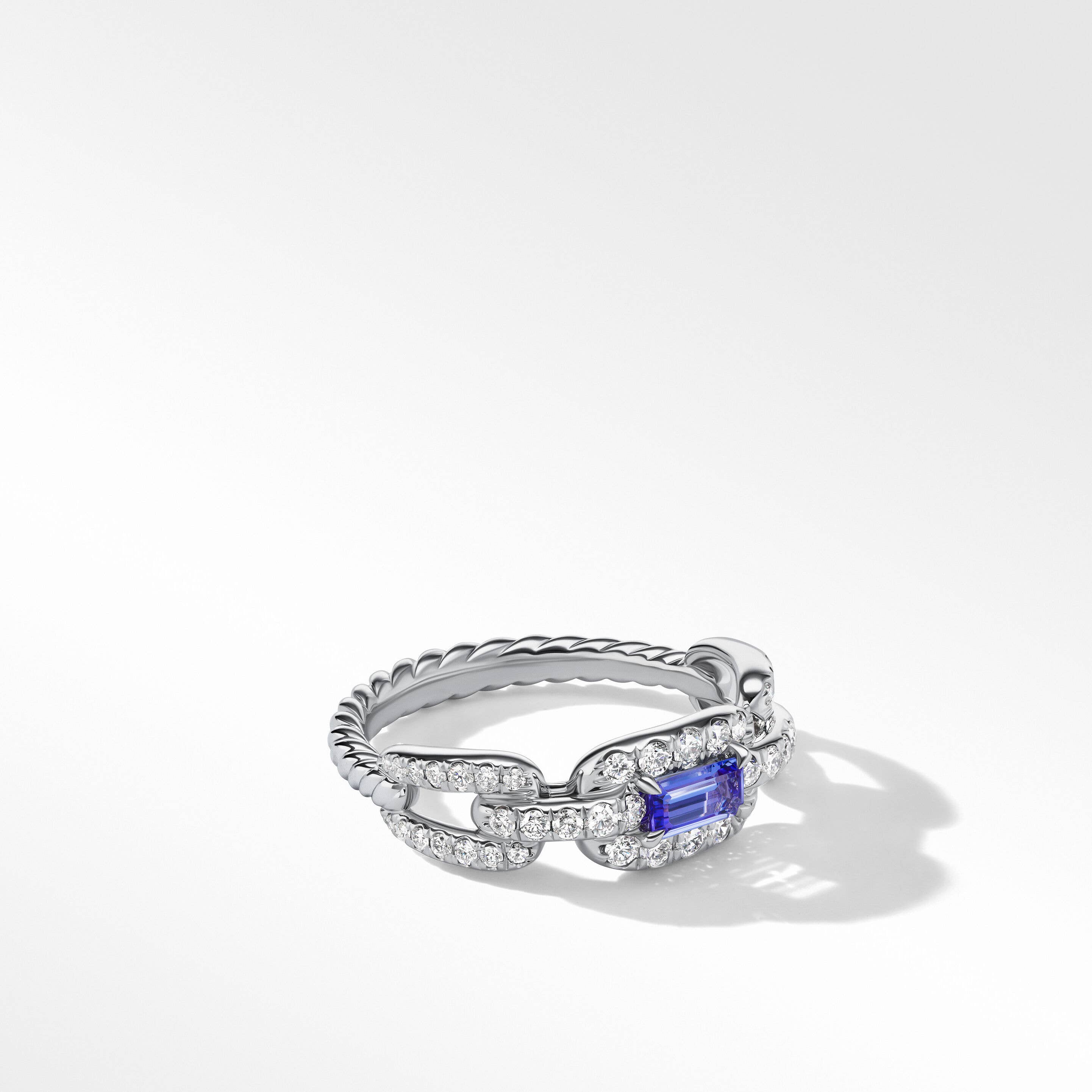 Stax Chain Link Stone Ring in 18K White Gold with Pavé Diamonds and Tanzanite
