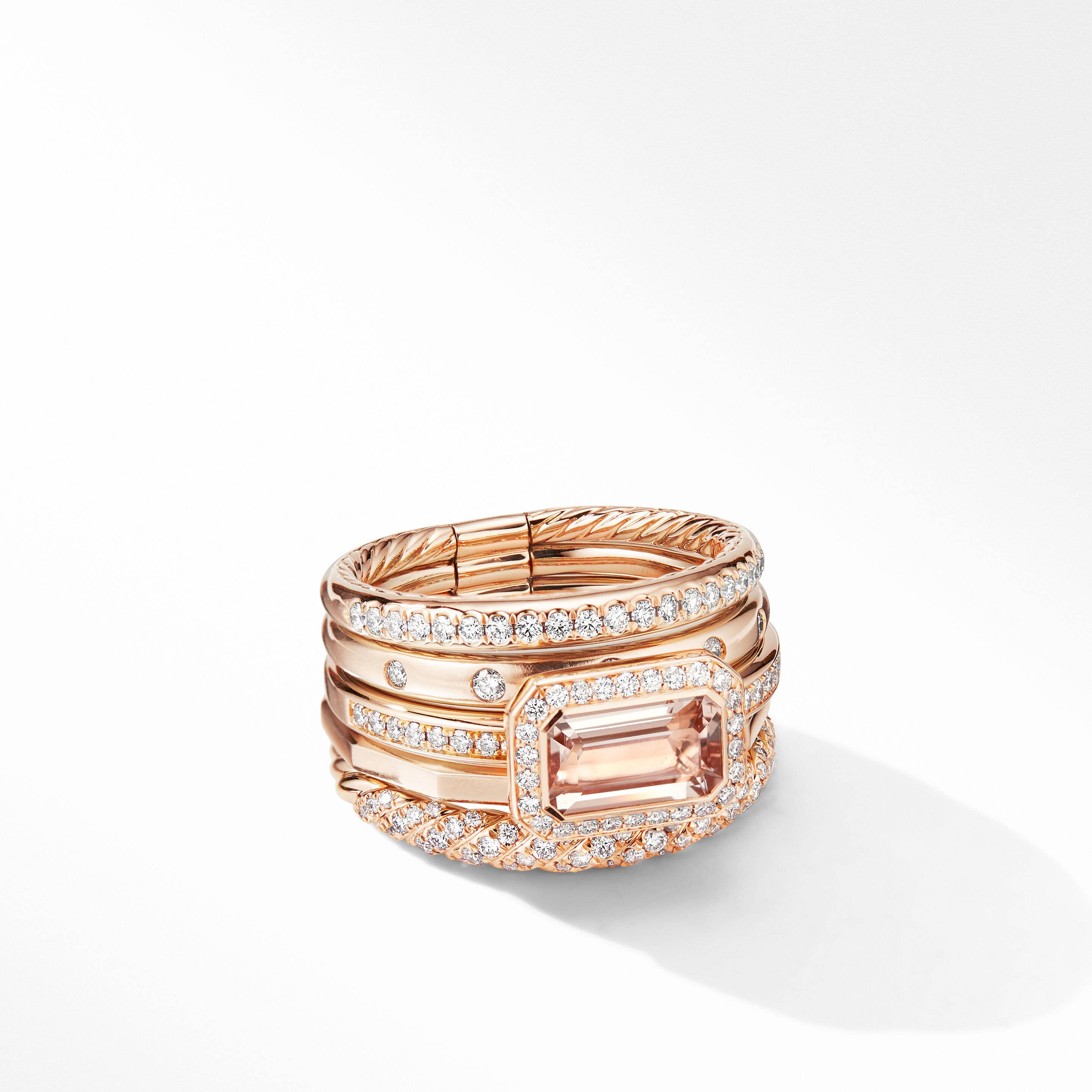 Stax Five Row Ring in 18K Rose Gold with Morganite and Pavé Diamonds