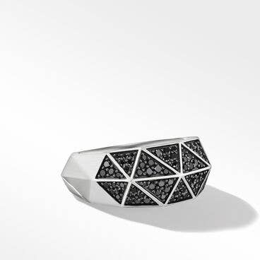 Torqued Faceted Signet Ring in Sterling Silver with Pavé Black Diamonds
