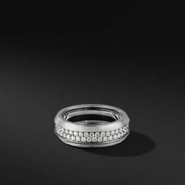 Beveled Two Row Band Ring in 18K White Gold with Pavé Diamonds