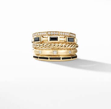 Stax Five Row Ring in 18K Yellow Gold with Black Spinel, Black Enamel and Pavé Diamonds
