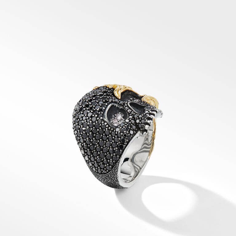 Waves Skull Ring in Sterling Silver with Pavé Black Diamonds, Diamonds and 18K Yellow Gold