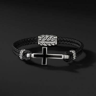 Exotic Stone Cross Black Leather Bracelet with Black Onyx