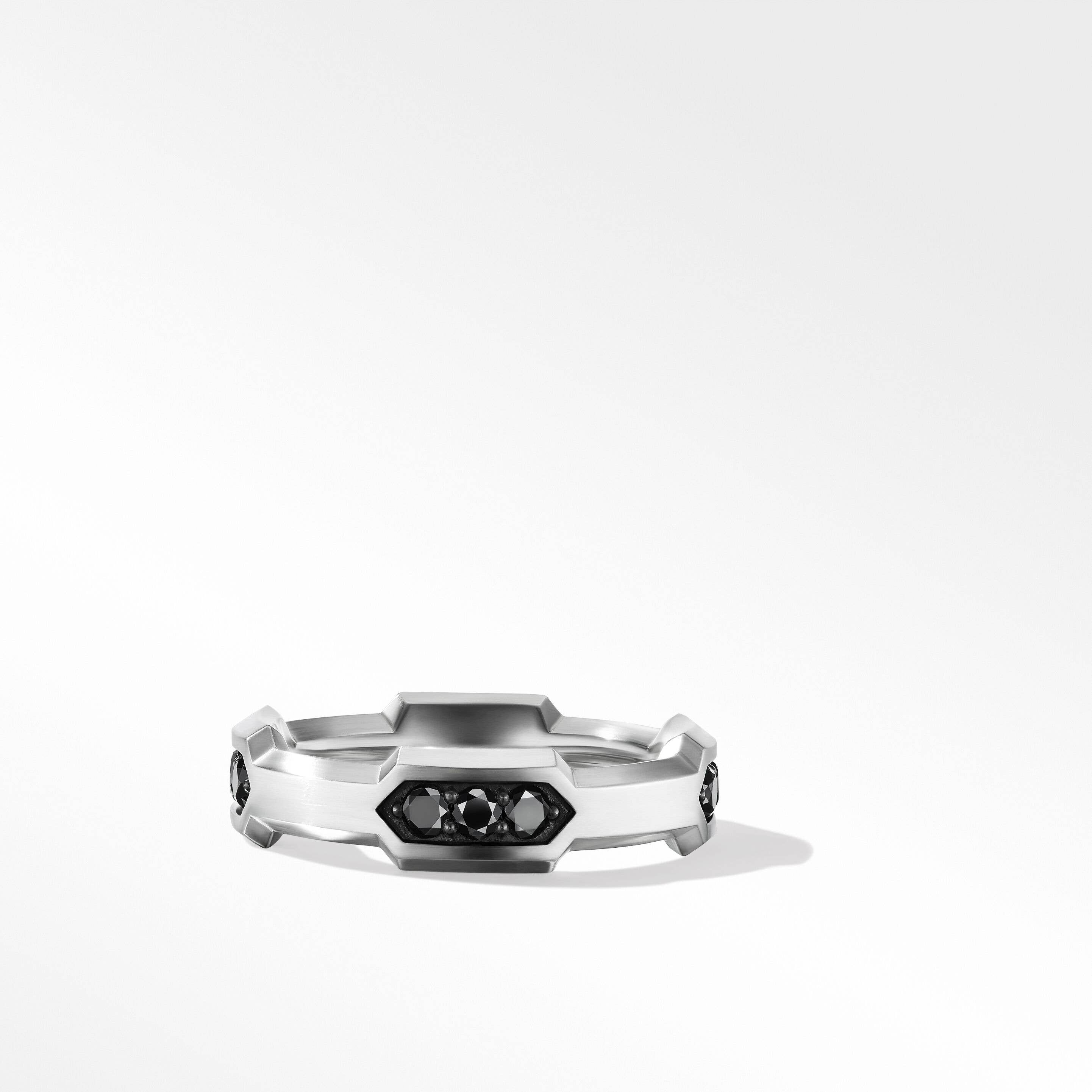 Hex Station Band Ring in Sterling Silver with Pavé Black Diamonds