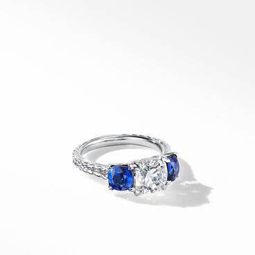DY Three Stone Engagement Ring in Platinum with Blue Sapphires, Cushion