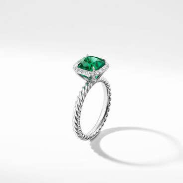 DY Cable Halo Engagement Ring in Platinum with Green Emerald, Cushion