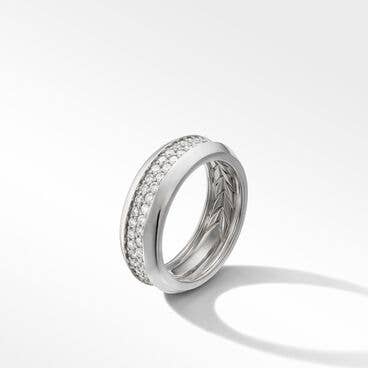 Beveled Two Row Band Ring in 18K White Gold with Pavé Diamonds
