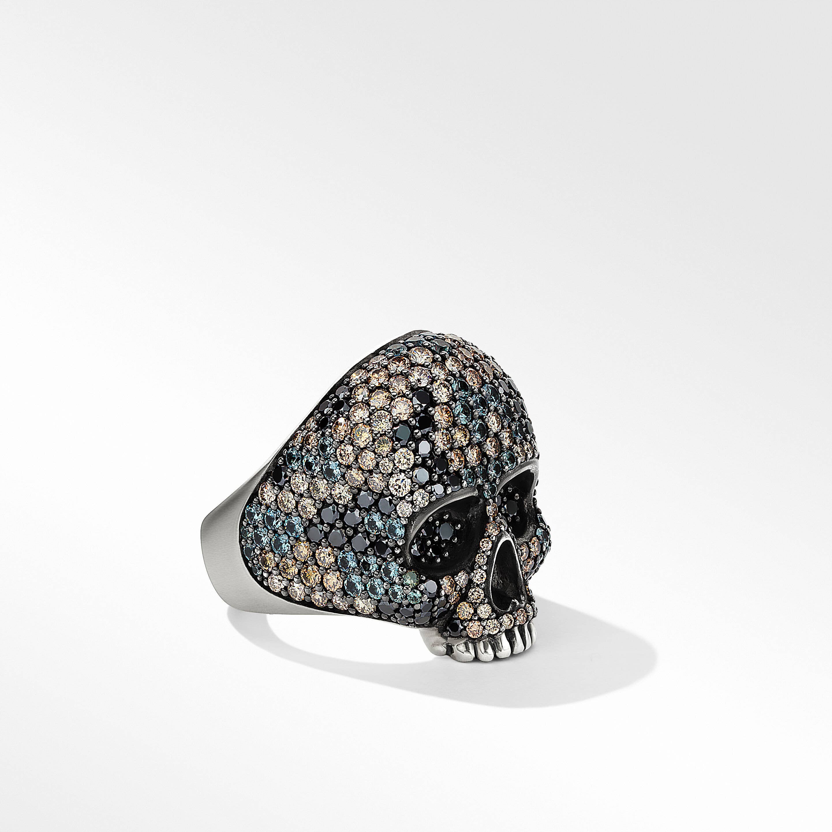 Memento Mori Skull Ring in Sterling Silver with Pavé Black Diamonds and Cognac Diamonds