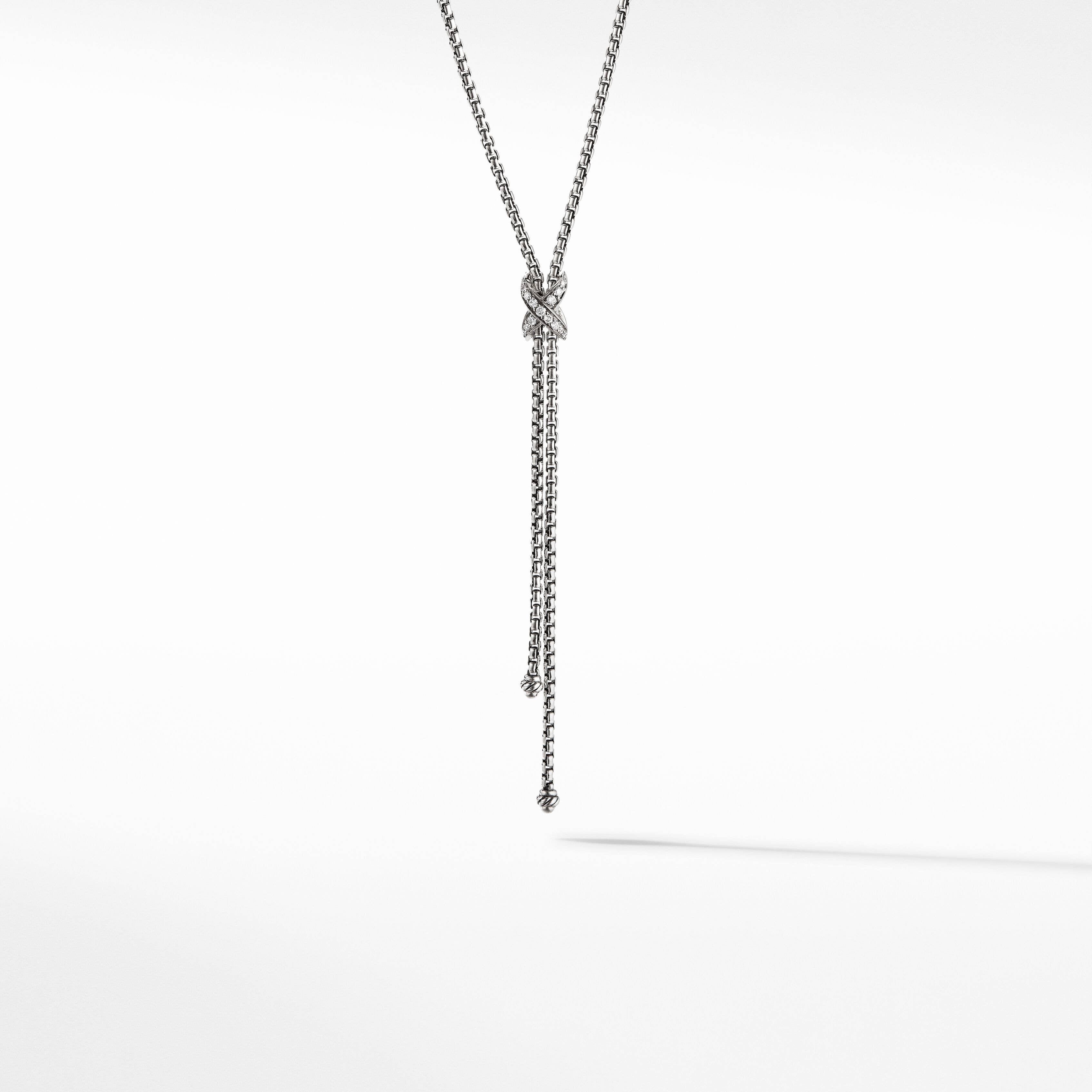 Petite X Lariat Necklace in Sterling Silver with Pavé Diamonds