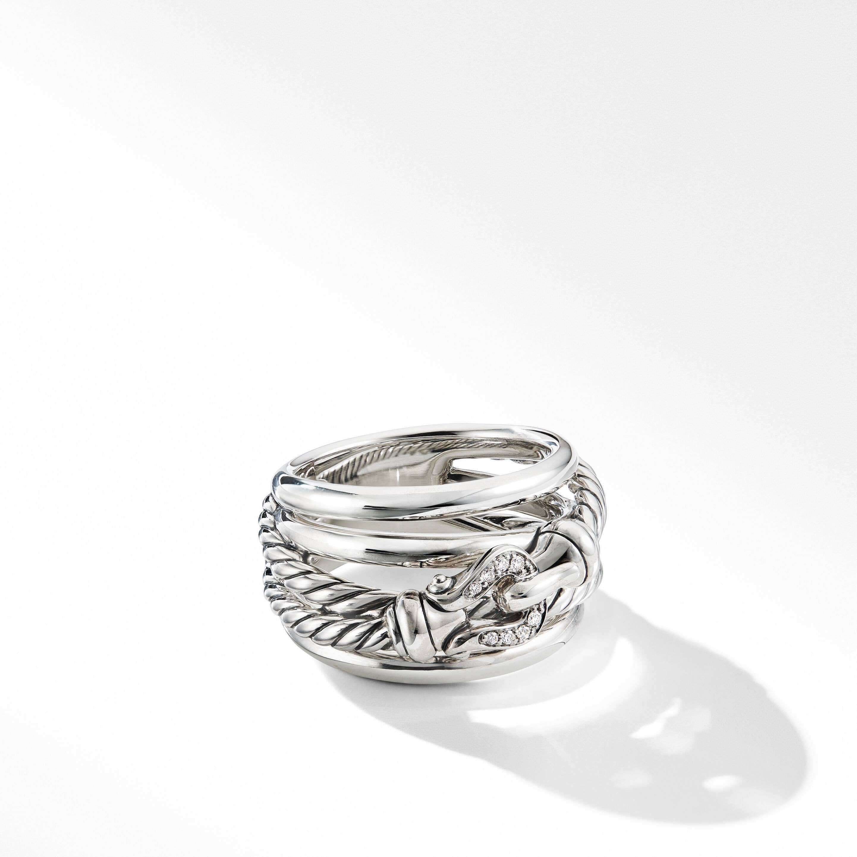 Crossover Buckle Ring in Sterling Silver with Pavé Diamonds
