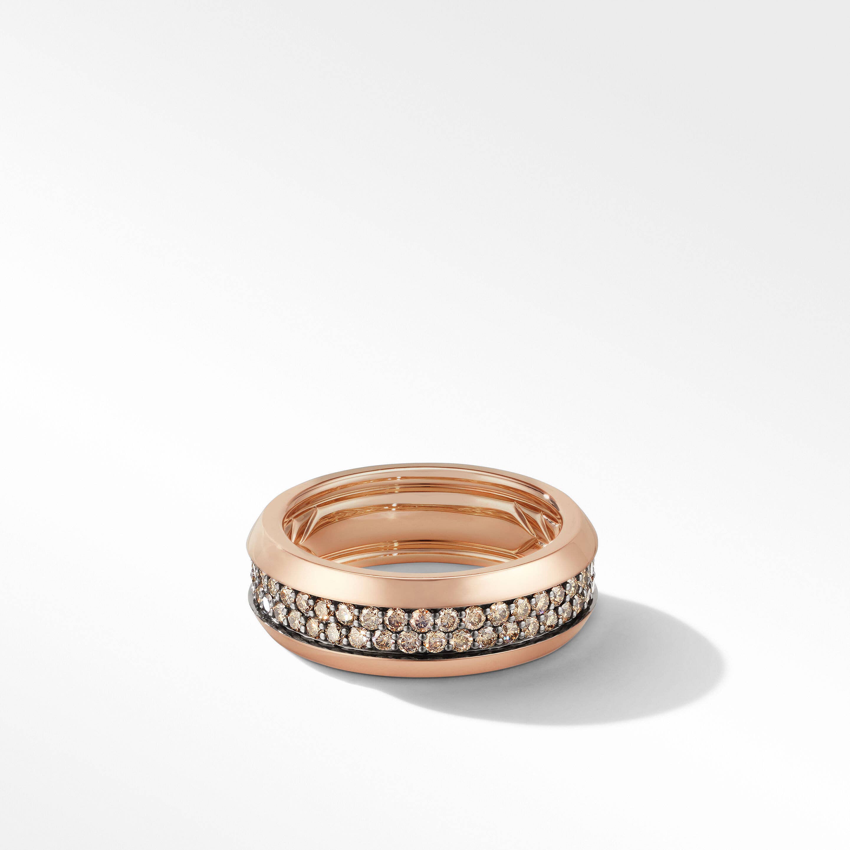 Beveled Two Row Band Ring in 18K Rose Gold with Pavé Cognac Diamonds
