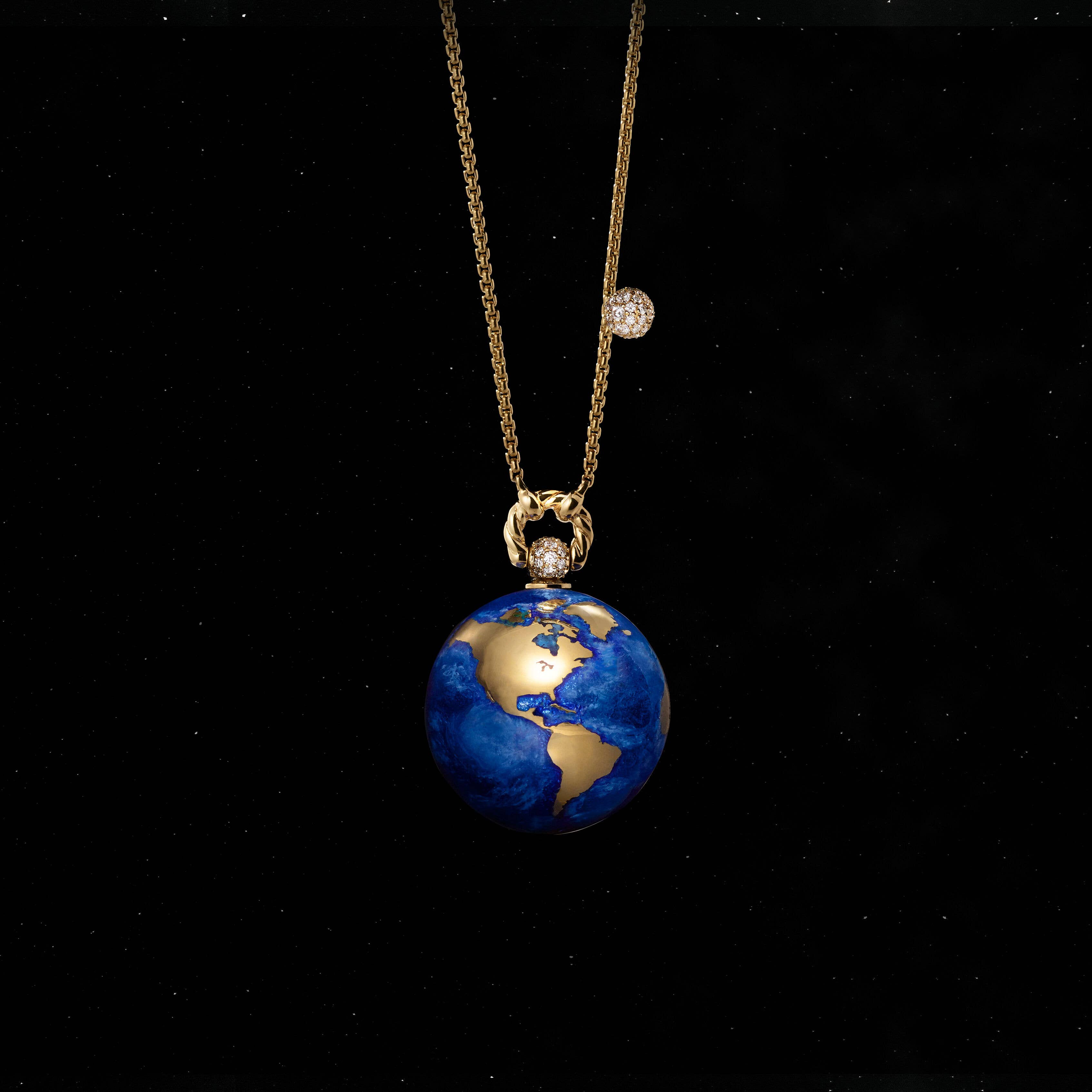Solari Earth Pendant Necklace in 18K Yellow Gold with Blue Enamel and Pavé Diamonds