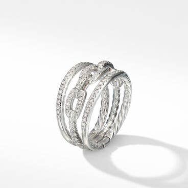 Stax Three Row Chain Link Ring in 18K White Gold and Pavé Diamonds