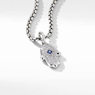 Hamsa Amulet in 18K White Gold with Pavé Diamonds and Blue Sapphire