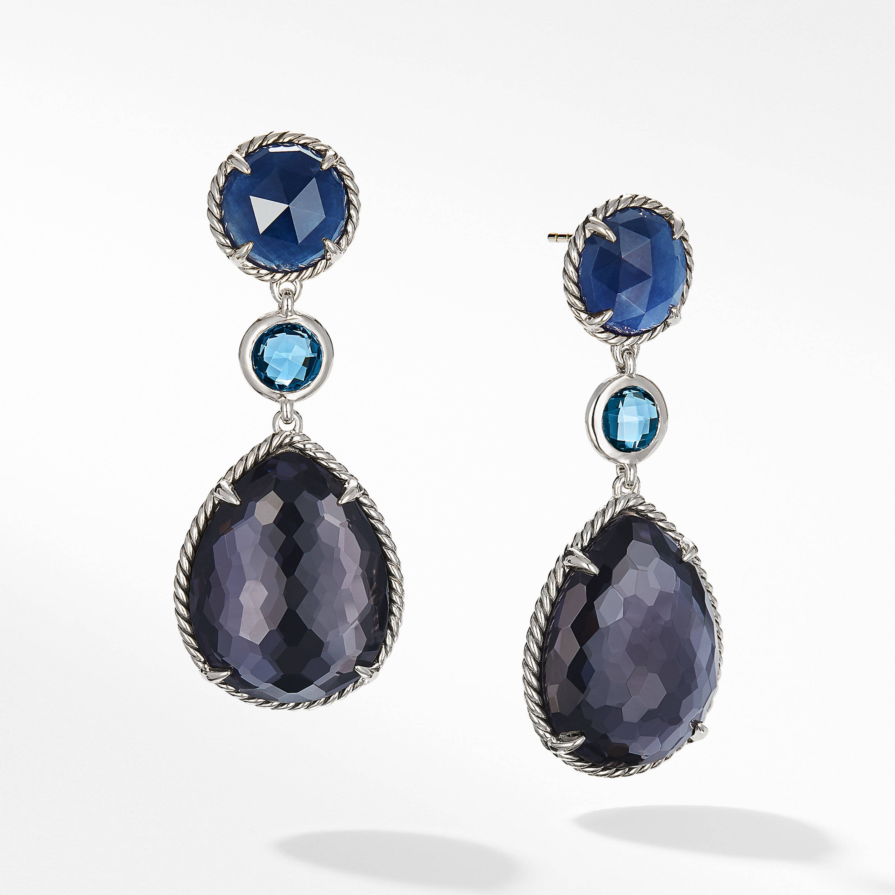 Chatelaine® Teardrop Earrings in Sterling Silver with Black Orchid, Indian Blue Sapphire and Hampton Blue Topaz