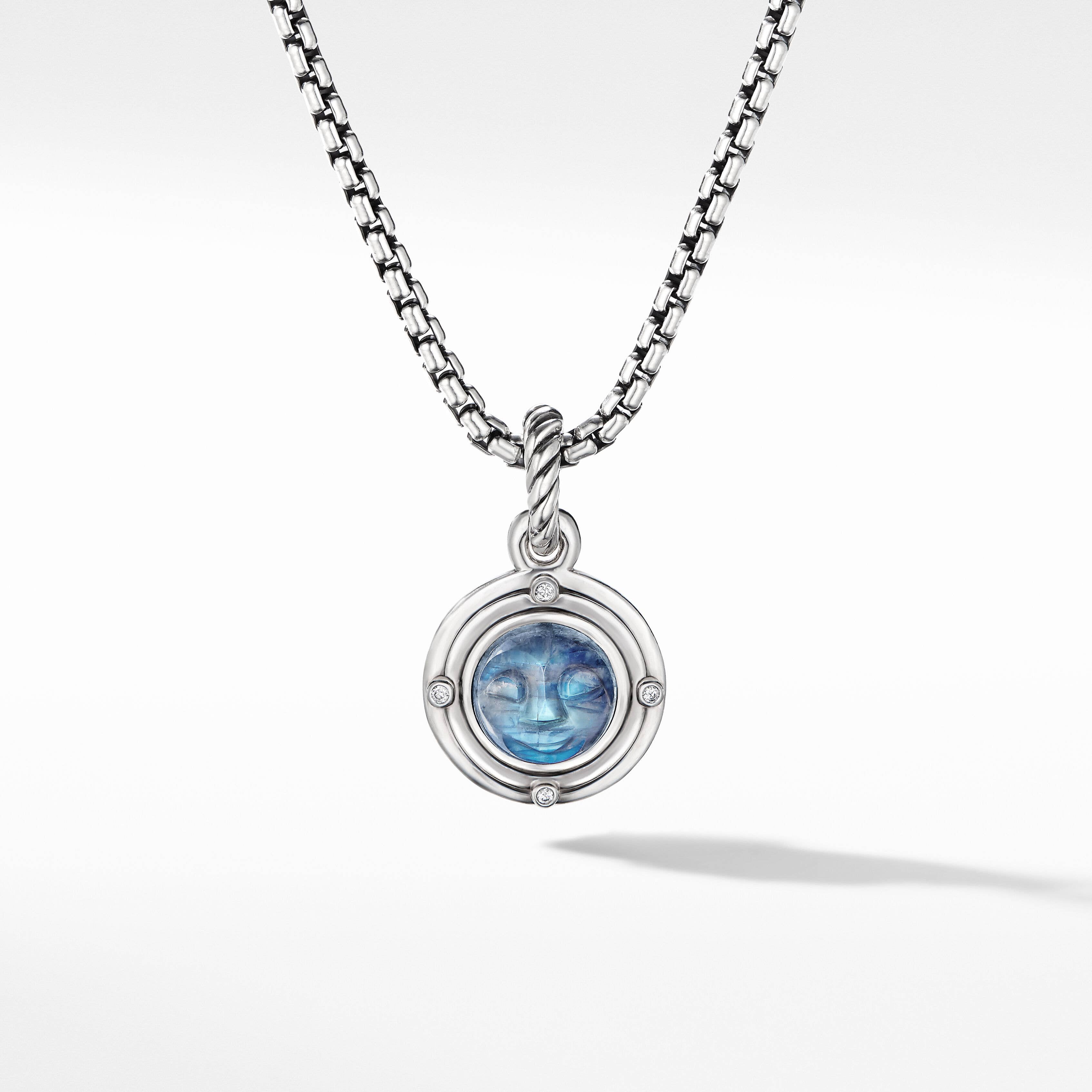 Moon Amulet in Sterling Silver with Rainbow Moonstone and Diamonds