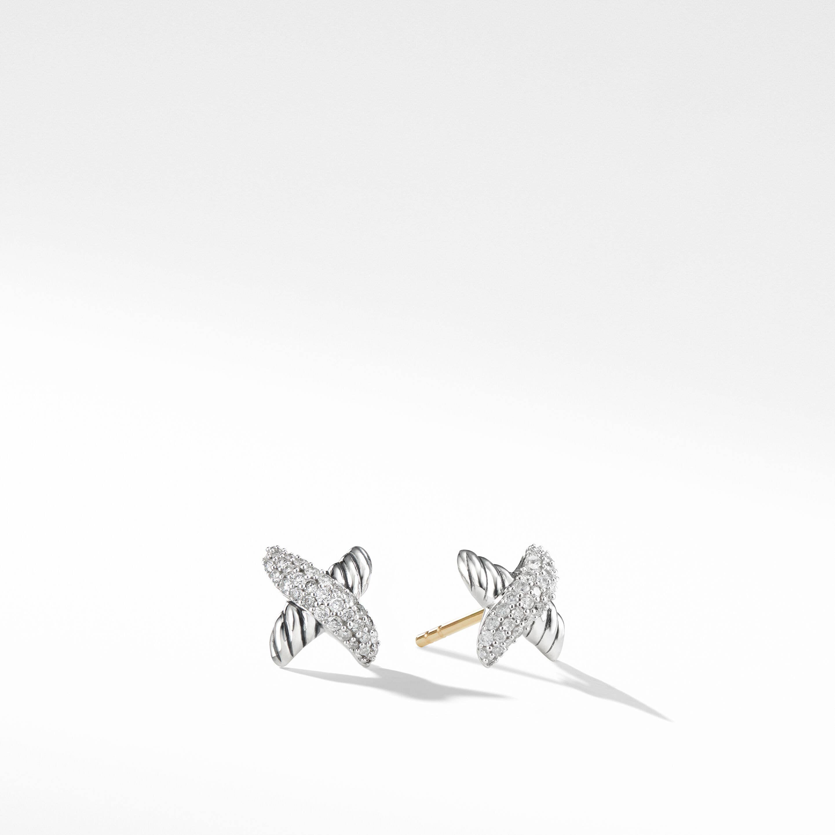 Petite X Stud Earrings in Sterling Silver with Pavé Diamonds